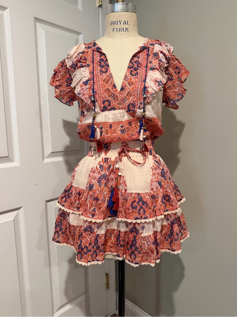 Ruffled Mini skirt in Coral and Navy Floral